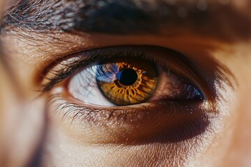 Macro shot of a mana??s deep honey-brown eye, with radiant reflections and soft detailing within the iris, captured in ultra HD