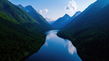 Serene mountain lake, aerial view, valley landscape, nature background, travel poster