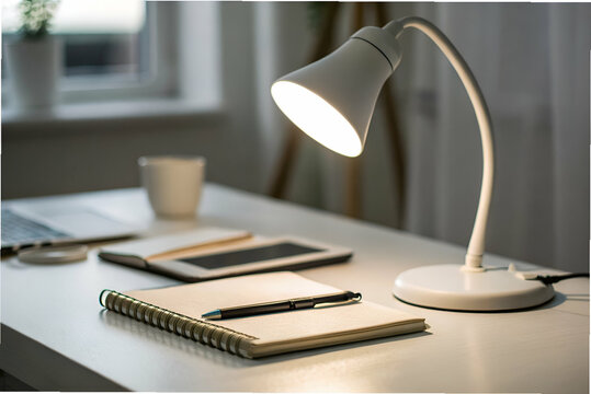 Remote Work, Work from home, A cozy workspace featuring a desk lamp, notebook, pen, tablet, and a cup, ideal for studying or creative work.