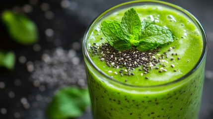 A close-up of a green smoothie in a glass, with fresh mint leaves and chia seeds on top, radiating a healthy glow