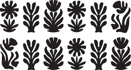 groovy floral botanical black background in trendy naive retro hippie 60s 70s style | Groovy abstract flower posters | Floral doodle patterns | silhouette abstract wavy flower | Vector in simple