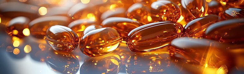 Flat lay of golden fish oil capsules on a white background, panoramic view