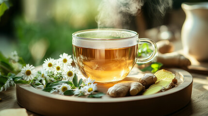 A tray of freshly prepared herbal tea, with steam rising delicately from the cup, surrounded by chamomile flowers and ginger slices