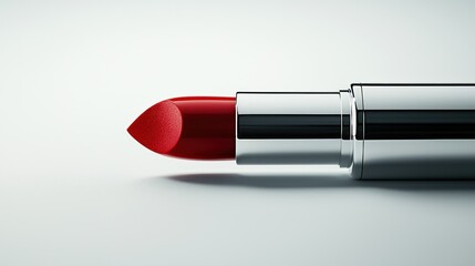 Fototapeta premium Red lipstick in silver tube on white background with soft lighting