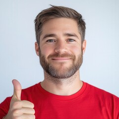 Obraz premium man in red shirt gives thumbs up and smiles at camera
