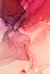 Fototapeta premium Art smoke alcohol Ink, watercolor hand drawn painting flow cloud blot. Abstract red, pink stain on beige background.