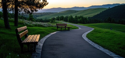 Serene park path sunset view; two benches; rolling hills background; relaxation