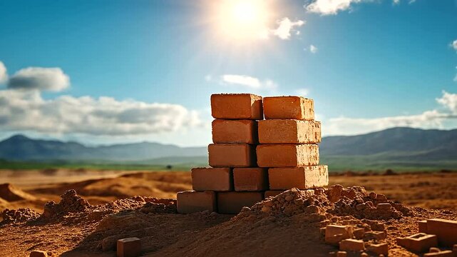 A stack of red clay bricks standing tall on a clear construction site, their distinct rectangular shapes highlighted by the warm glow of midday sun.