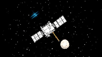 Naklejka premium Spacecraft orbiting the moon amidst stars.