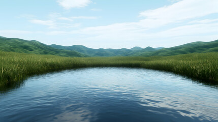 Obraz premium Serene mountain lake, grassy shores, clear sky; nature background