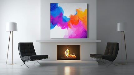 Abstract Colorful Painting Above Fireplace In Modern Room