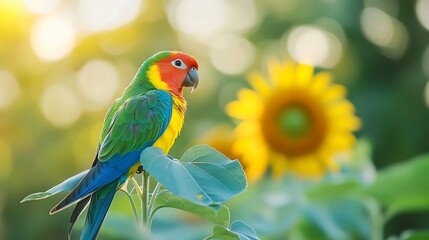 Fototapeta premium Colorful parakeet perched on a sunflower in a garden