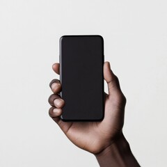 close up of a hand holding a smartphone with a blank screen