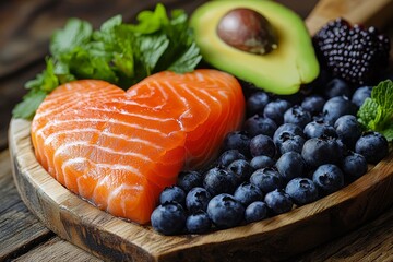 A heart-shaped concept illustrating a ketogenic low-carb diet, featuring healthy food choices on a white wooden backdrop. The balanced ingredients are rich in unsaturated fats, beneficial for the