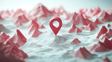 Red location pin on a white and red 3D mountain range map