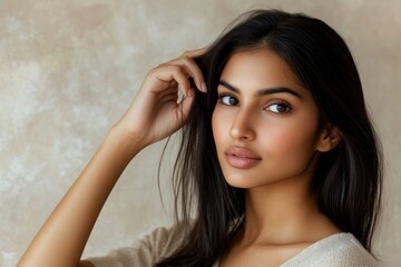 Obraz premium Portrait of a woman with long dark hair gently touching her face against a soft neutral background