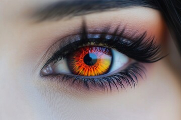 Obraz premium Macro shot of a womana??s bright ruby-orange eye, featuring rich textures and vibrant hues within the iris, captured in