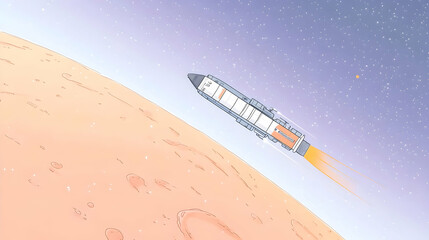 Spaceship orbiting a planet, space travel concept.