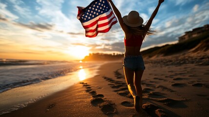 Patriotic Sunset Beach Run: A Woman's Joyful Celebration of Freedom