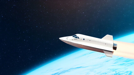 Fototapeta premium Spaceship soaring above Earth's atmosphere.