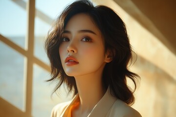 Young woman poses thoughtfully against a sunlit wall with elegant shadows creating an artistic backdrop