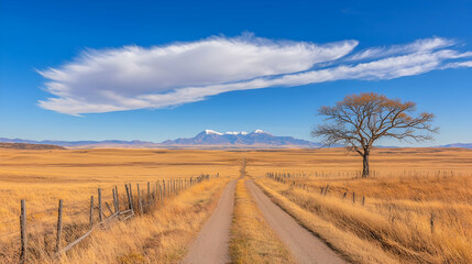Fototapeta premium Prairie road leads to mountains under blue sky