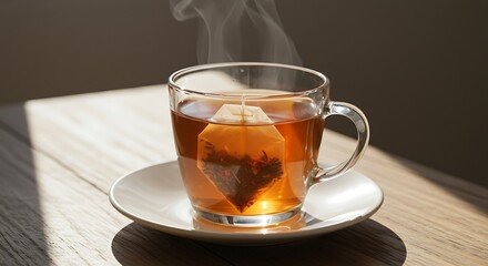 Hot tea, steam rising from teacup, teabag, warm drink, morning relaxation.