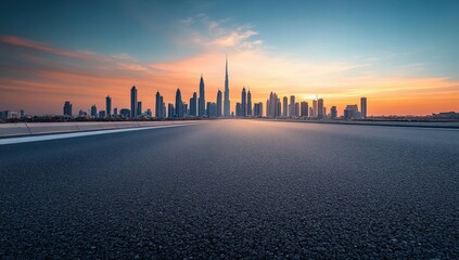 Obraz premium Dubai Skyline at Sunset: A Breathtaking Panoramic View from the Asphalt Road