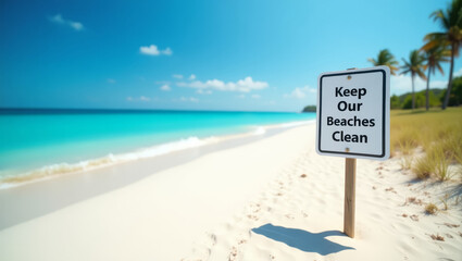 Ecologous beach sign "Keep Our Beaches Clean", promoting cleanliness on the tropical coastline