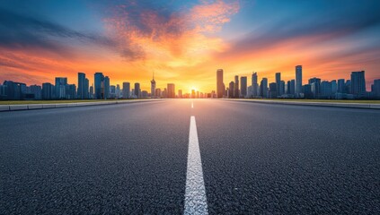 Obraz premium Urban Skyline at Sunset: A Majestic View from the Road
