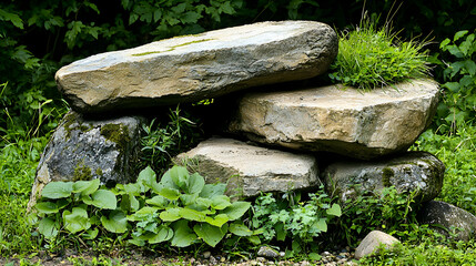 Fototapeta premium Stacked rocks in forest garden, nature scene, serene backdrop