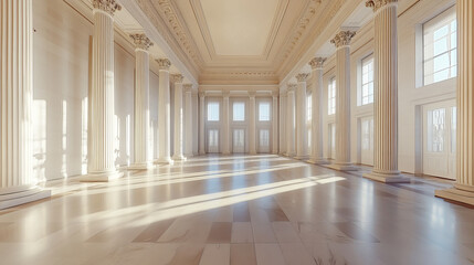 Fototapeta premium full 360 degree panorama view environment map of empty white hall with columns 3d render illustration hdri hdr vr style