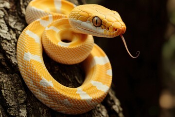 Fototapeta premium Albino snake coiled on a smooth tree bark