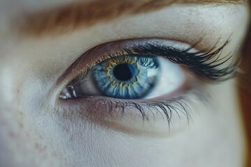 Macro shot of a womana??s light blue eye, showing intricate textures of the iris, pupil, and surrounding skin, captured in stunning
