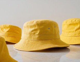 Four vibrant yellow bucket hats arranged aesthetically on a light marble surface.