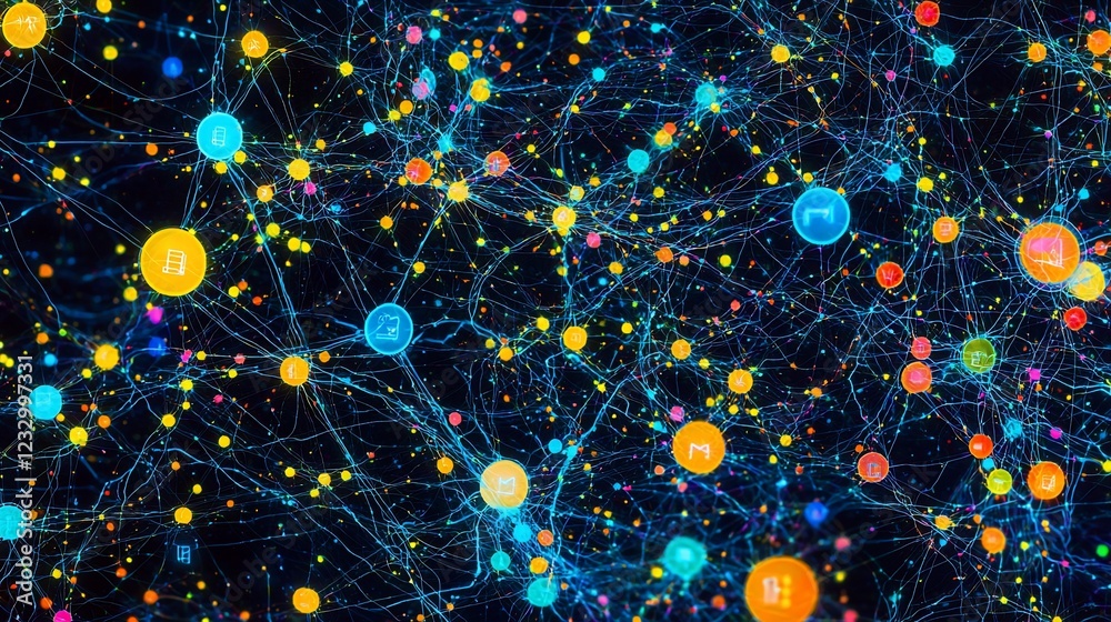 Poster colorful network nodes and interconnected filaments