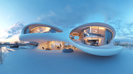 Obraz premium full 360 panorama view of white futuristic building environment with bright lighting 3d render illustration hdri hdr vr style