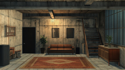 modern stylish design big loft living room concete wall industrial style 3d render illustration