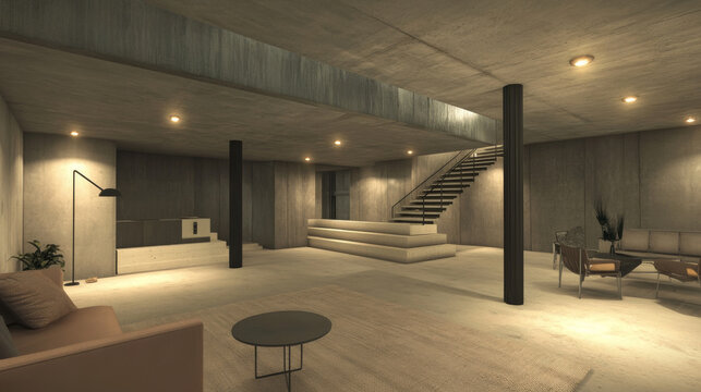 modern stylish design big loft living room concete wall industrial style 3d render illustration