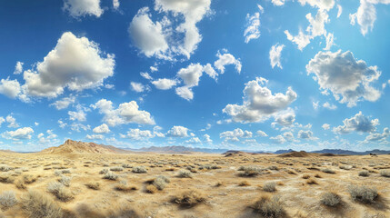 Arid desert landscape with blue sky and clouds 360 panorama vr environment map. 3D Illustration