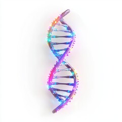 Glowing DNA helix with futuristic biotechnology elements, centered on a clean white background