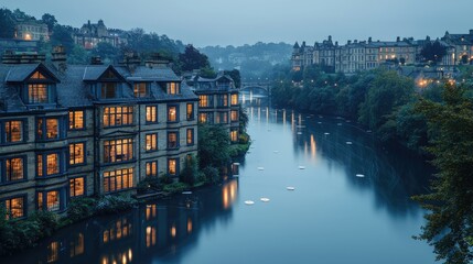 Obraz premium Illuminated buildings beside a tranquil river at dusk