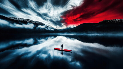 Surreal Landscape with Solo Figure on Red Paddle Board at Dawn