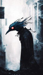 Mysterious Bird Creature in Dark Alley with Red Eyes and Foggy Atmosphere