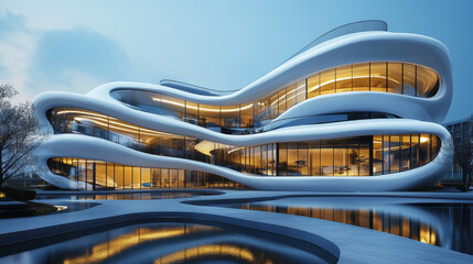 futuristic organic environment building with round geometric shapes and laser lights 3d render illustration