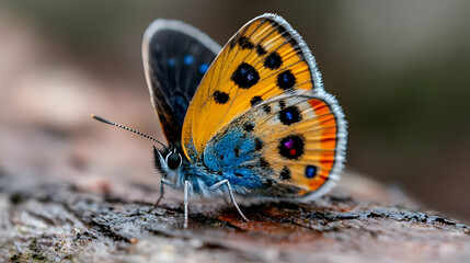 Fototapeta premium Colorful butterfly resting on wood, nature background, wildlife photography, ideal for nature publications