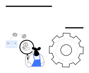 Person in blue analyzing financial transactions and credit card under magnifying glass next to a large gear. Ideal for finance, management, optimization, analysis, business operations, financial