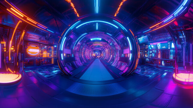 full 360 degree spherical panorama view of industrial futuristic product showcase with spotlight with blue and violet neon lights 3d render illustration hdri hdr vr style