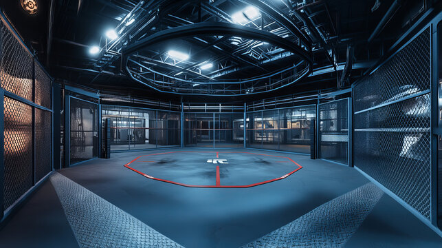 full 360 degree panorama virtual environment map of mma cage in industrial hall 3d render illustration hdri hdr vr style