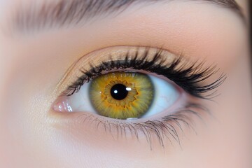 Obraz premium Macro shot of a womana??s bright golden-yellow eye, with intricate iris patterns and smooth textures, captured in